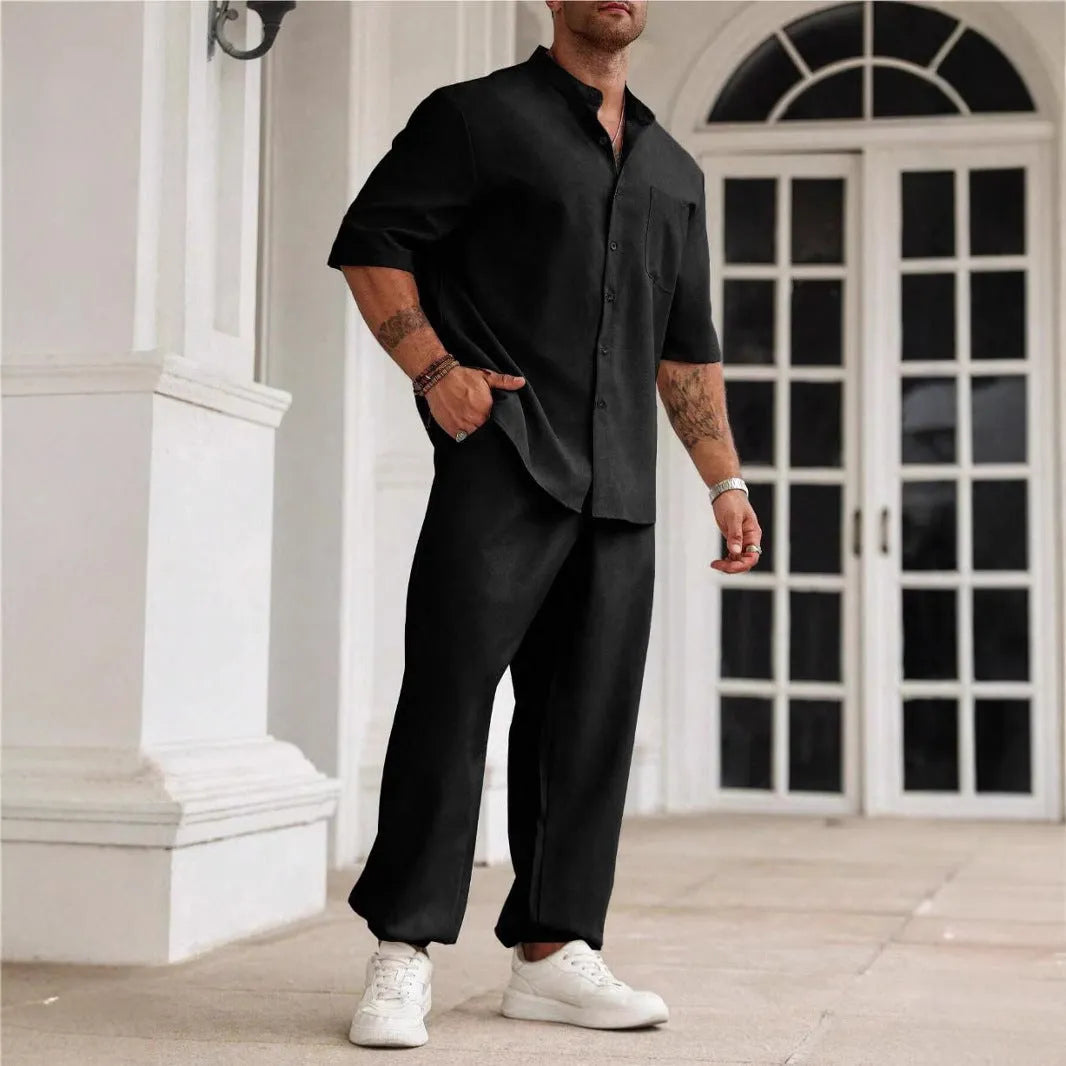 Men's casual apricot-coloured cotton linen short-sleeve shirt and trouser set laid flat.