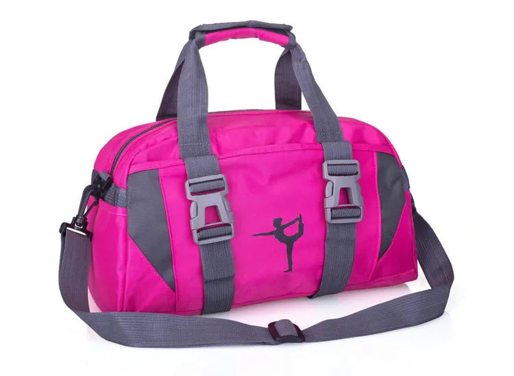Nylon gym and yoga sports holdall in medium or large size, shown in various colours including black, blue, green, pink, and purple.