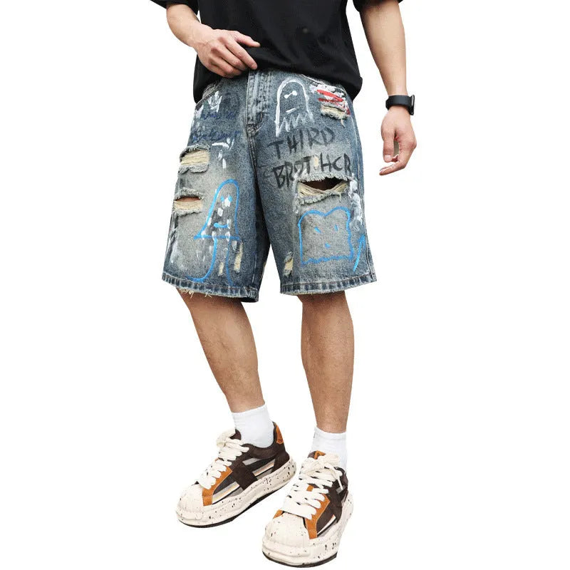 Men's blue distressed denim shorts with straight leg cut and zipper fly