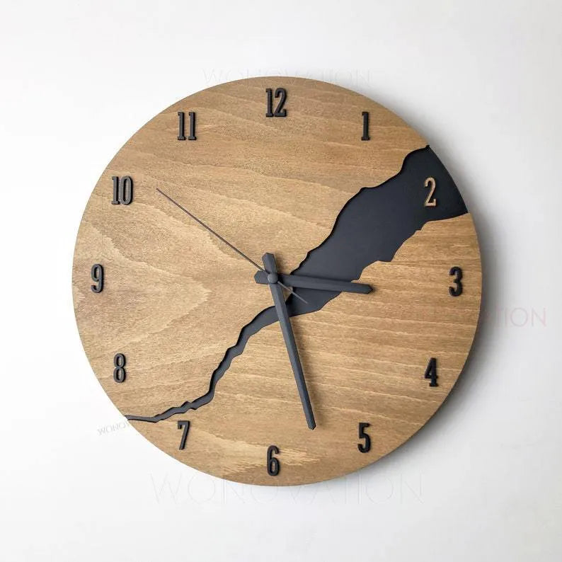 Modern wooden wall clock with creative crack design showing silent sweep movement and 30cm diameter