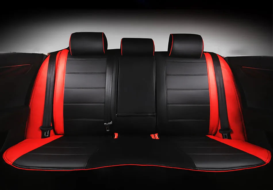 Cow leather car seat cover in binding style, shown in beige and black with red colour options.