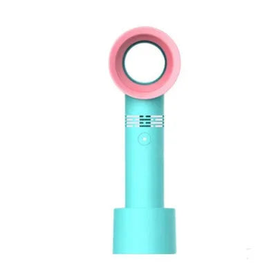 A portable bladeless desk fan with a modern design, shown on its base with a USB cable, available in multiple colours.