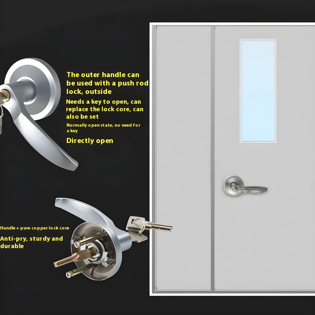 Stainless steel fire door push lock with minimalist external handle for single doors
