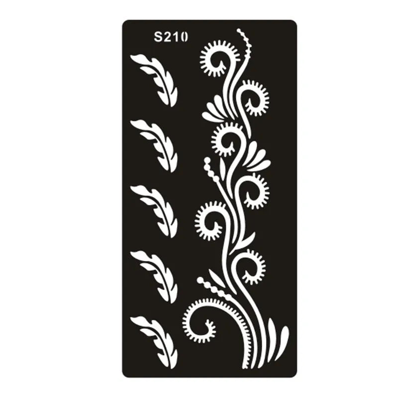 Sheet of hollow geometric and Southeast Asian style temporary tattoo templates on water transfer paper.