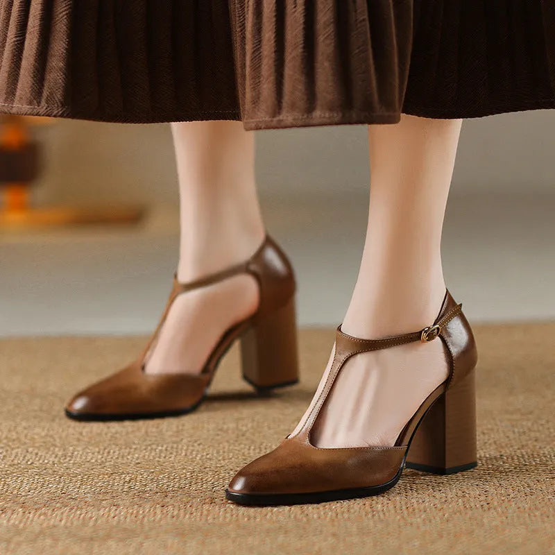 Women's dark brown retro pointed-toe Mary Jane shoes with a buckle fastening on the vamp.