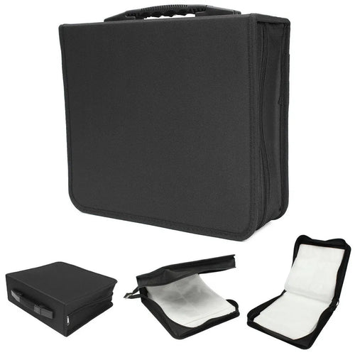 Black Oxford fabric CD and DVD storage binder with a zipper and top carry strap, open to show disc sleeves.
