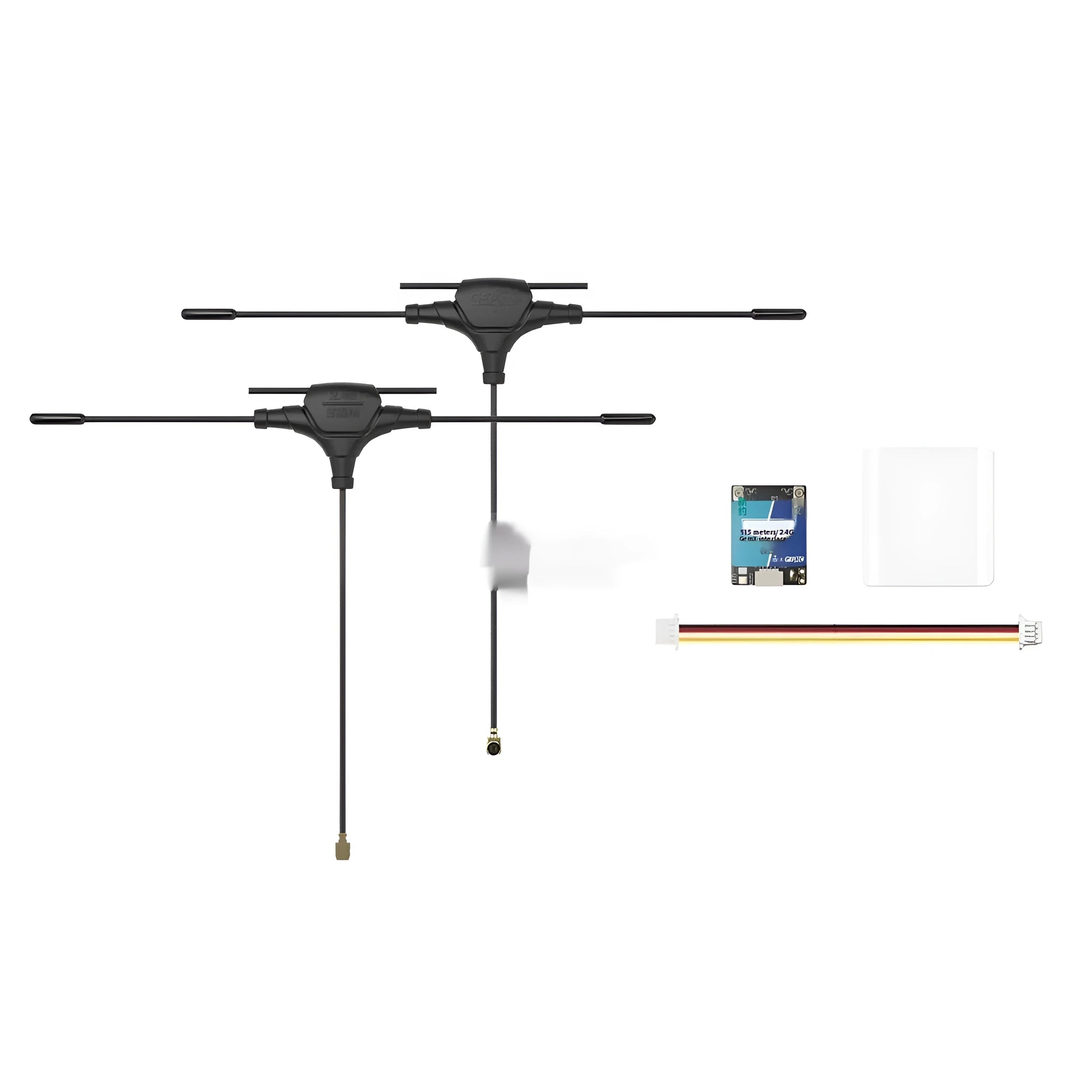 ELRS 915M 2.4G dual-frequency FPV drone receiver module with two T-shaped antennas and installation accessories