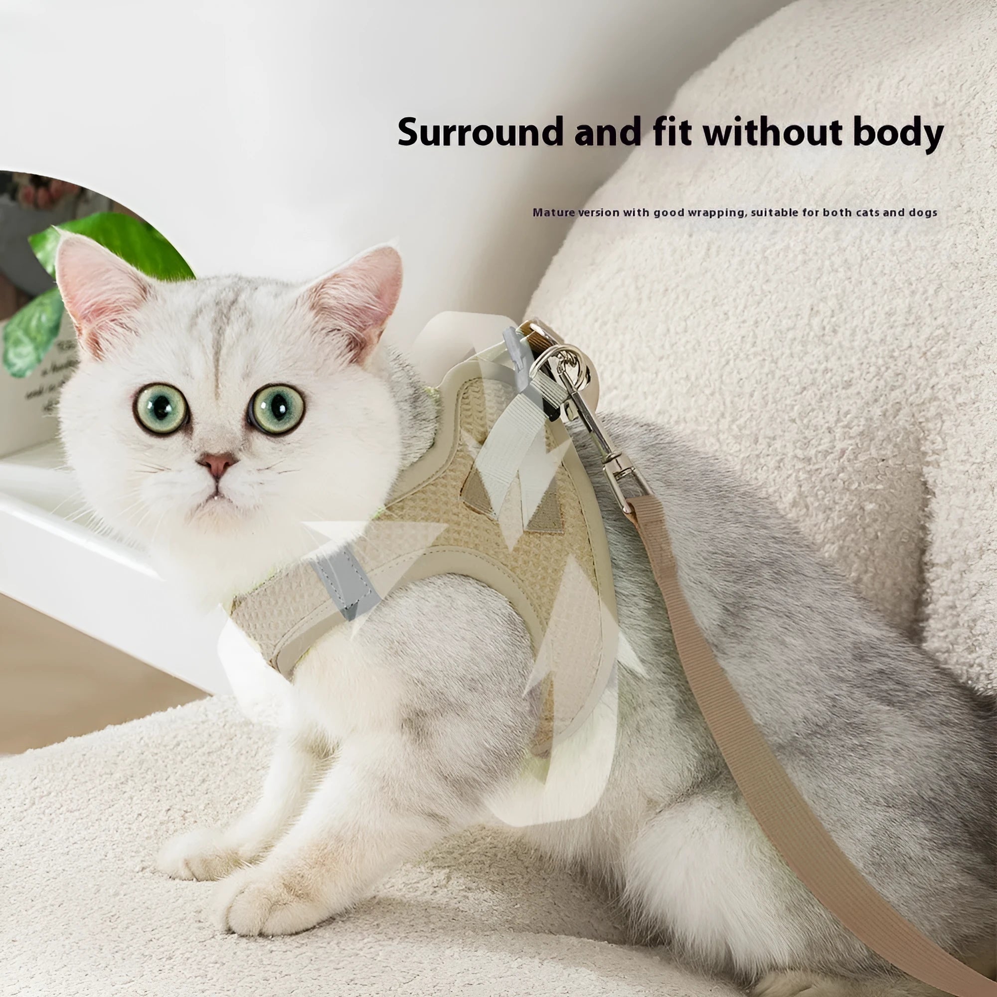 Waffle texture cloth cat harness chest strap in brown, shown in size medium on a mannequin.