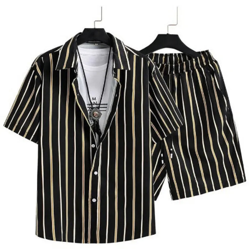 Men's casual suit with digital print short sleeve shirt and matching shorts in stretch polyester fabric