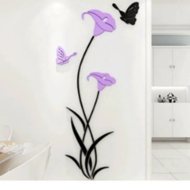 Lily 3D acrylic wall sticker in pink colour showing dimensional petals and leaves