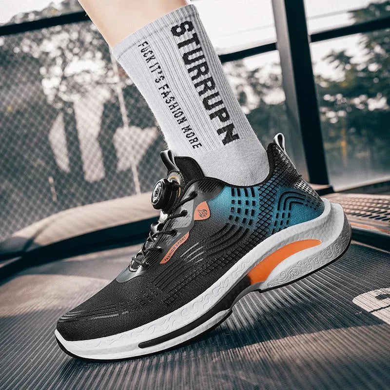 Men's low-top mesh sneakers with rotating buckle closure in white-orange colourway