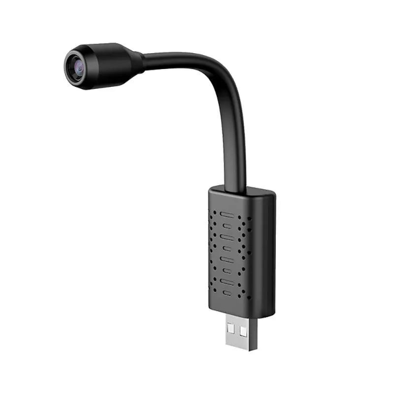 Black V380 wireless USB HD video camera showing compact design and microSD card slot.