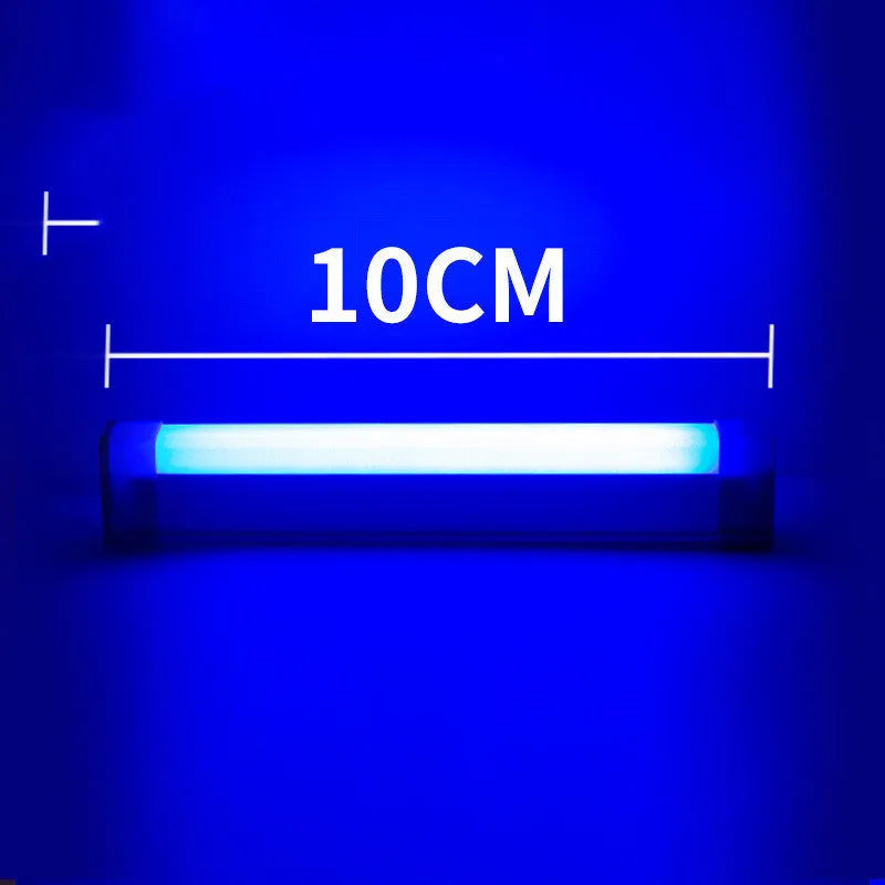 Rechargeable dimmable LED tube light in blue and purple colours shown in a bedroom setting.