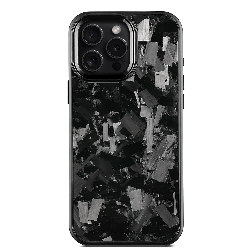 Magnetic carbon fibre iPhone 17 protective case with forged metal frame pattern in various colour options