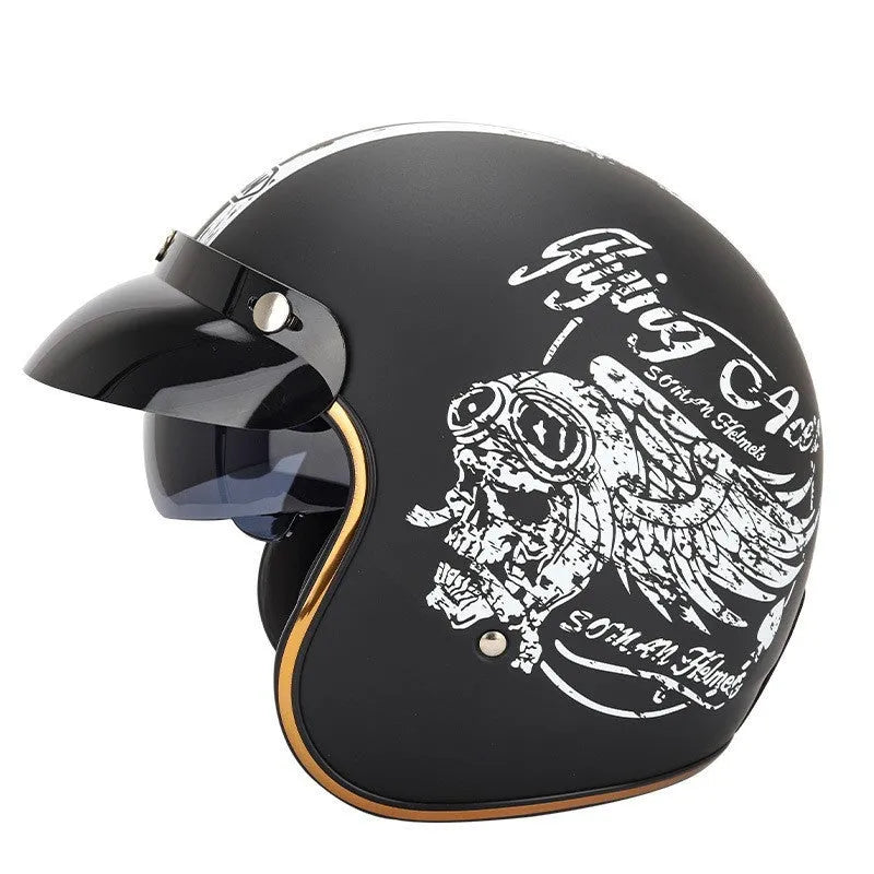 Retro electric bike half helmet in ABS plastic showing colour options including black, grey, orange and yellow designs
