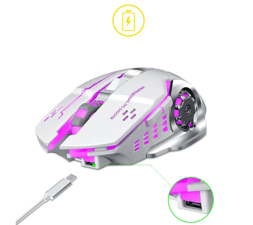 Wireless charging computer mouse in black or white with six buttons