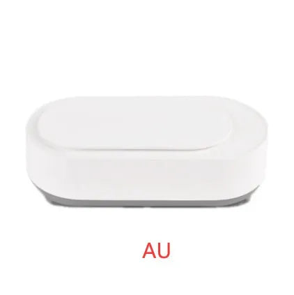 White portable ultrasonic cleaning machine with stainless steel tank and touch button.