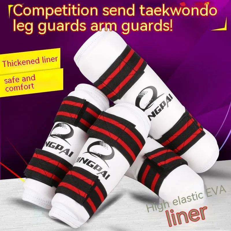 Taekwondo protective gear set showing arm guard, elbow guard and leg protector in PU EVA material