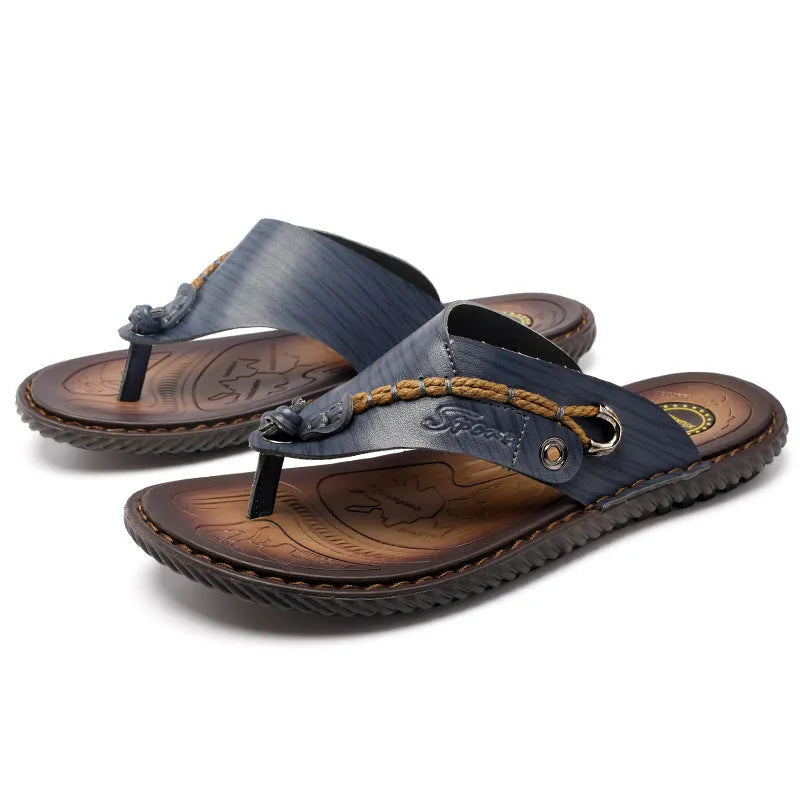 Men's herringbone pattern outdoor slippers in dark blue with rubber sole