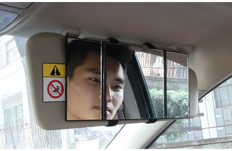 Silver folding car visor makeup mirror SD-2408 shown open and closed with ABS frame