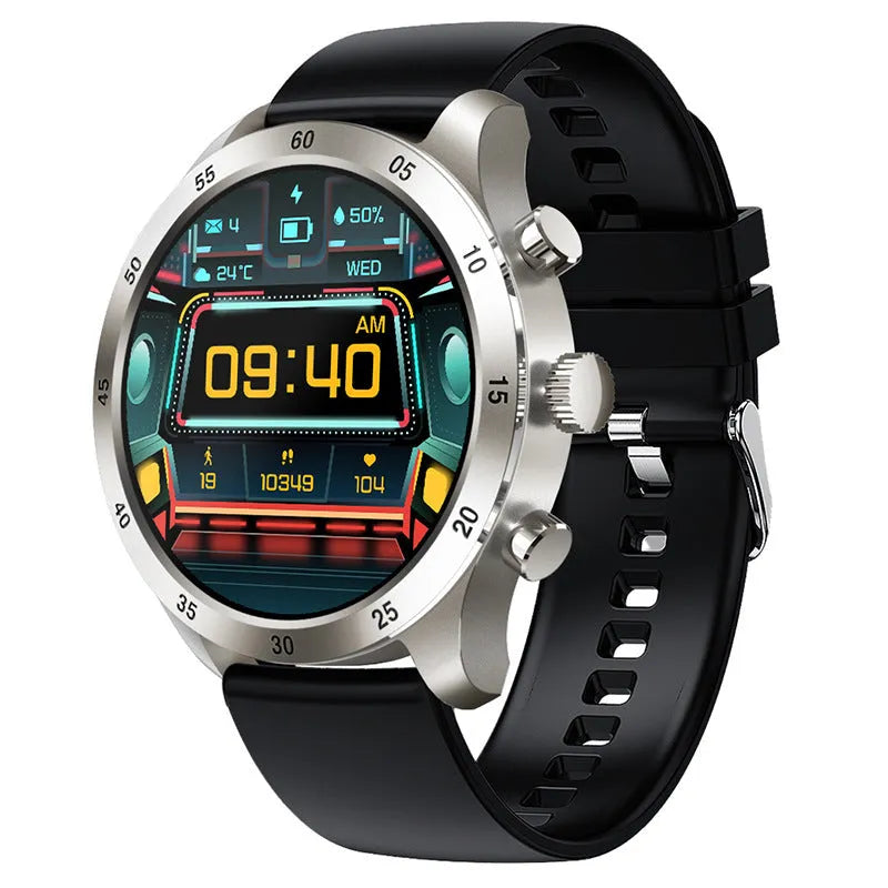 Black steel smart watch on wrist showing Bluetooth calling interface and health metrics.