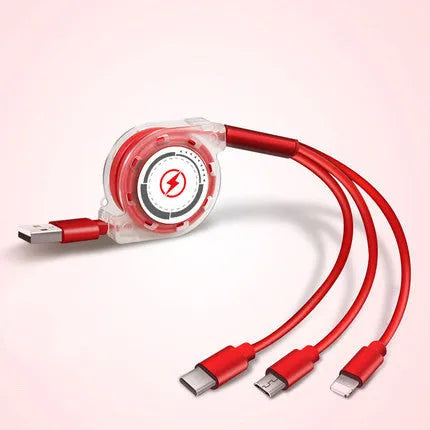 Telescopic charging cable extended to 120cm with 3-in-1 connectors in choice of colours