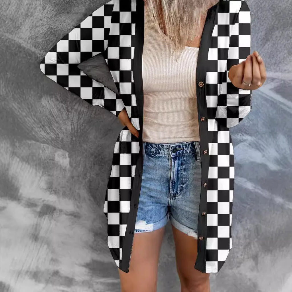 Women's long grey plaid knitted cardigan coat with regular sleeves on a hanger