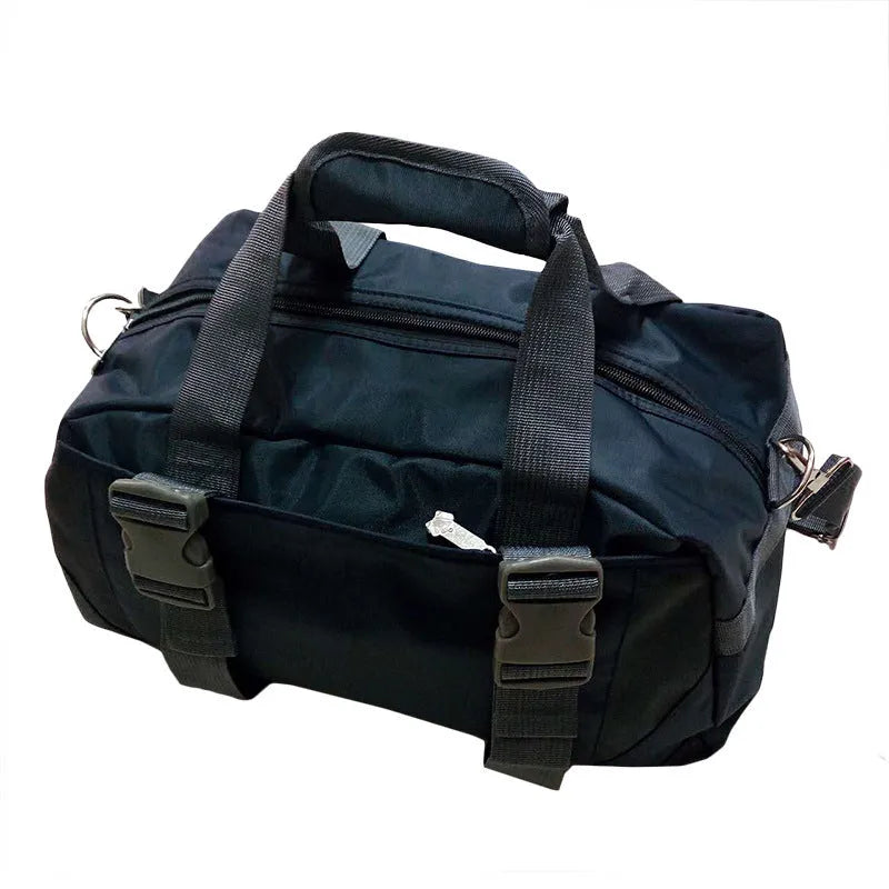 Nylon gym and yoga sports holdall in medium or large size, shown in various colours including black, blue, green, pink, and purple.