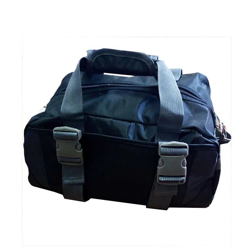Nylon gym and yoga sports holdall in medium or large size, shown in various colours including black, blue, green, pink, and purple.