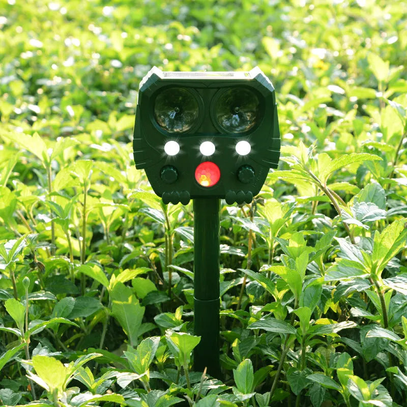 Green solar ultrasonic animal repeller with LED lights for outdoor pest control
