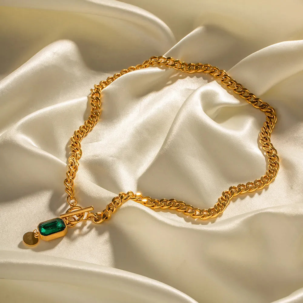 French retro emerald zircon pendant necklace with gold titanium steel Cuban link chain