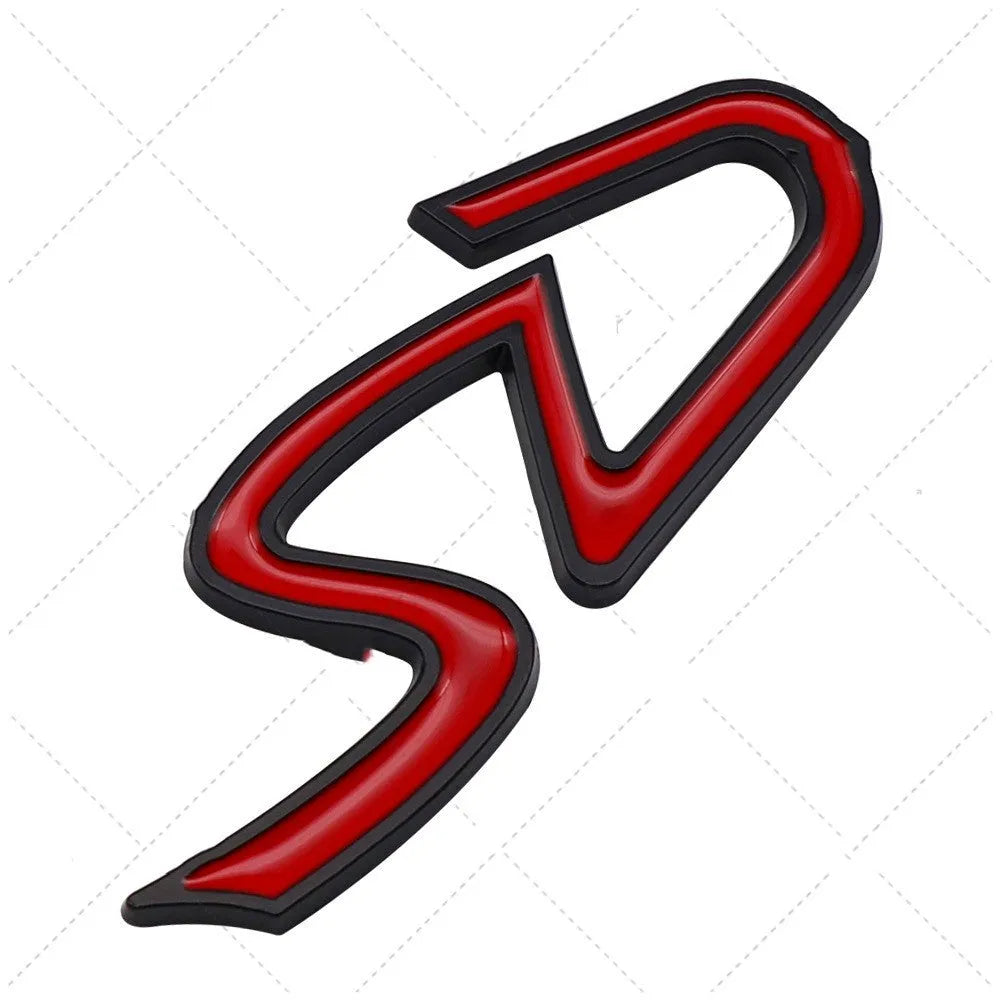 Metal decorative car sticker in SD design with red and silver colouring measuring 7.7cm by 2.9cm