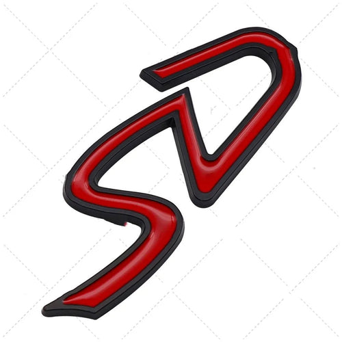 Metal decorative car sticker in SD design with red and silver colouring measuring 7.7cm by 2.9cm