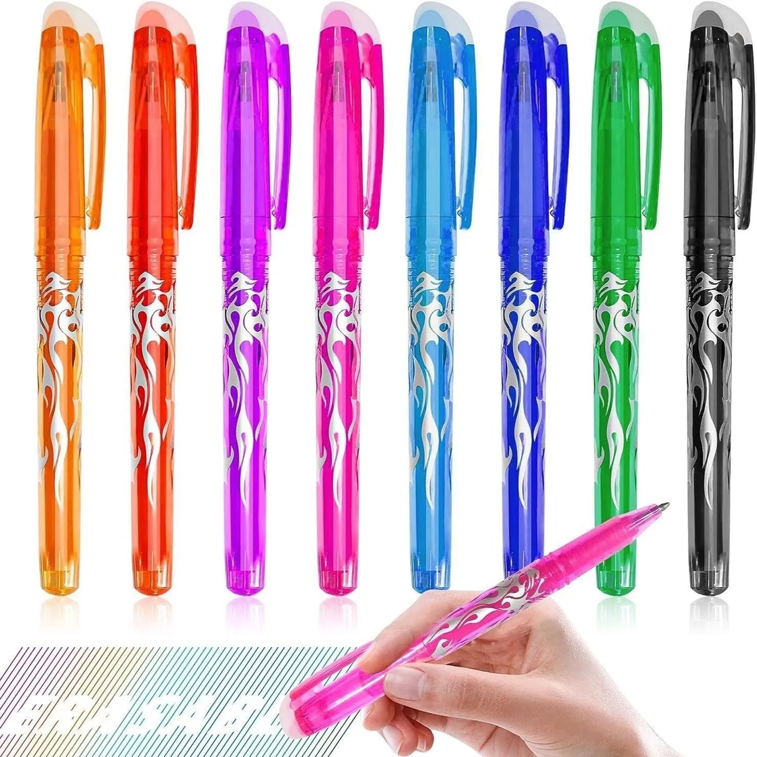 Set of heat erasable gel pens with plastic bodies and stainless steel nibs, in multiple colours.