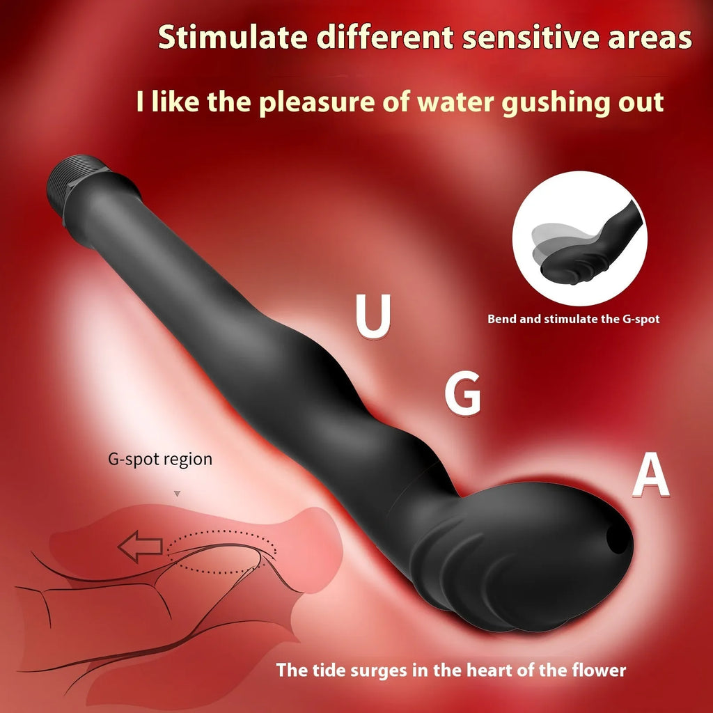 Black silicone hosepipe flusher with enema attachment for cleaning and irrigation