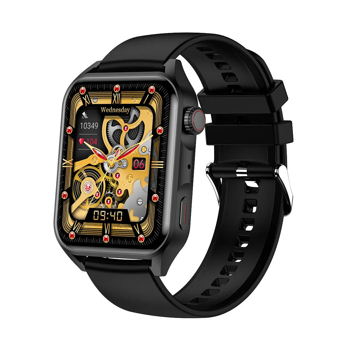Silver grey smart watch with AMOLED screen and black silicone wrist strap on a wrist.