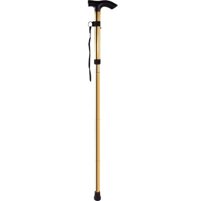 Aluminium folding walking stick extended to show adjustable length and non-slip rubber tip.