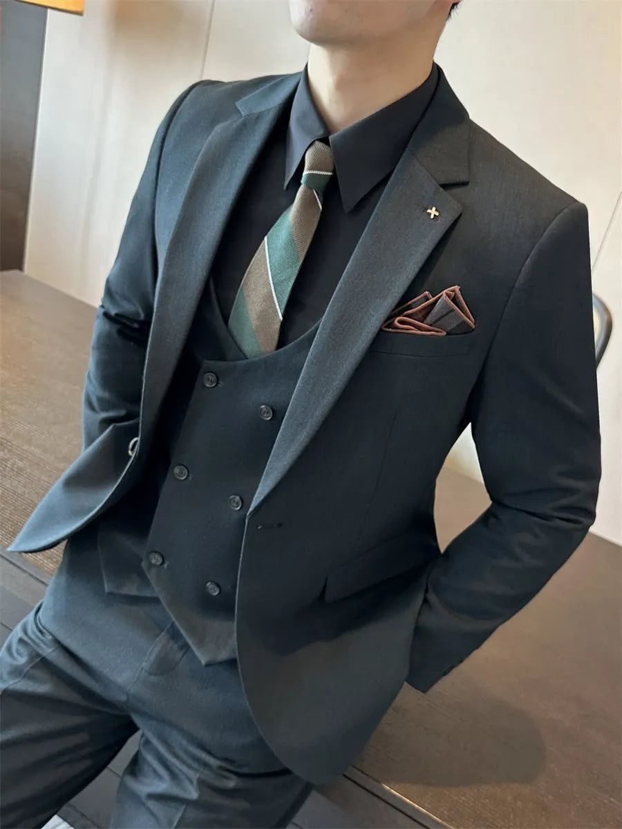 Men's slim-fit business trousers in chemical fibre blend available in camel, brown, and dark green colours