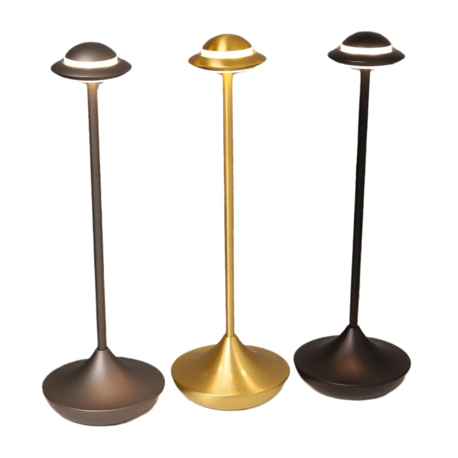 UFO-shaped metal table lamp with touch controls showing three colour dimming options