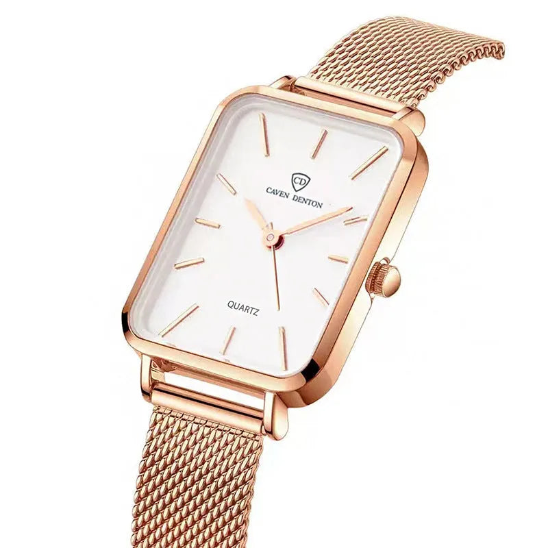 Women's waterproof quartz watch with woven steel strap in rose gold colour showing alloy case and mineral glass