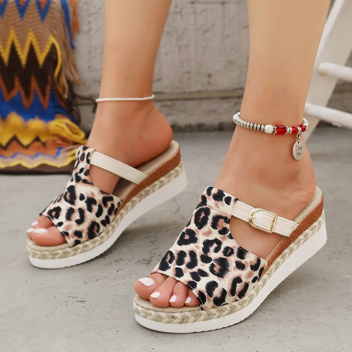 Leopard print wedge platform sandals with fish mouth toe bracket in light green.