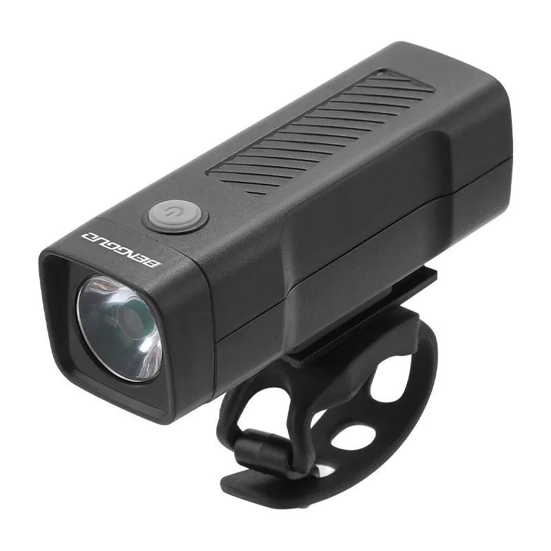 Bicycle headlight with LED light and USB charging port mounted on handlebars