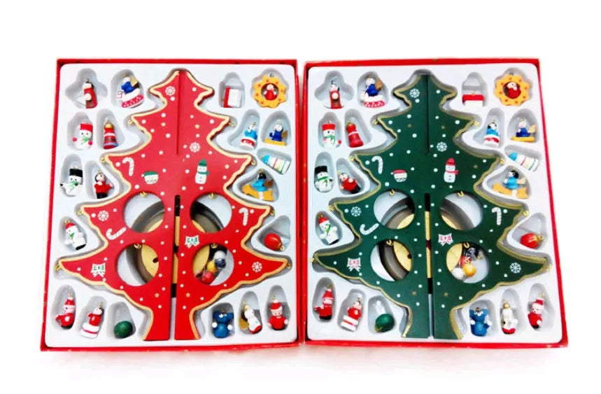 Hand-painted wooden Christmas tree desktop decoration in red and green, 36cm tall