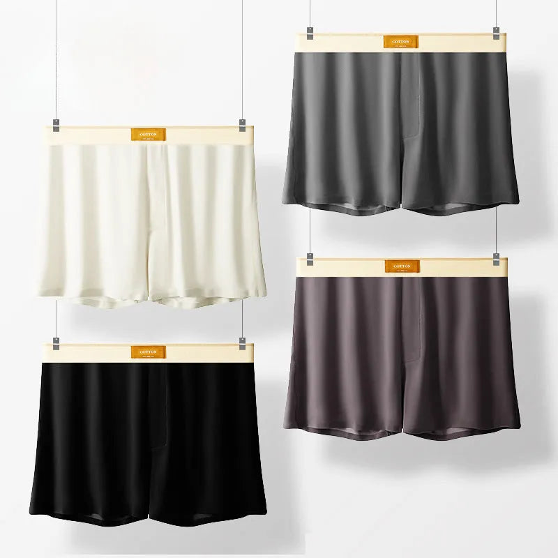 Men's ice silk underwear three-pack showing loose fit and solid colour options