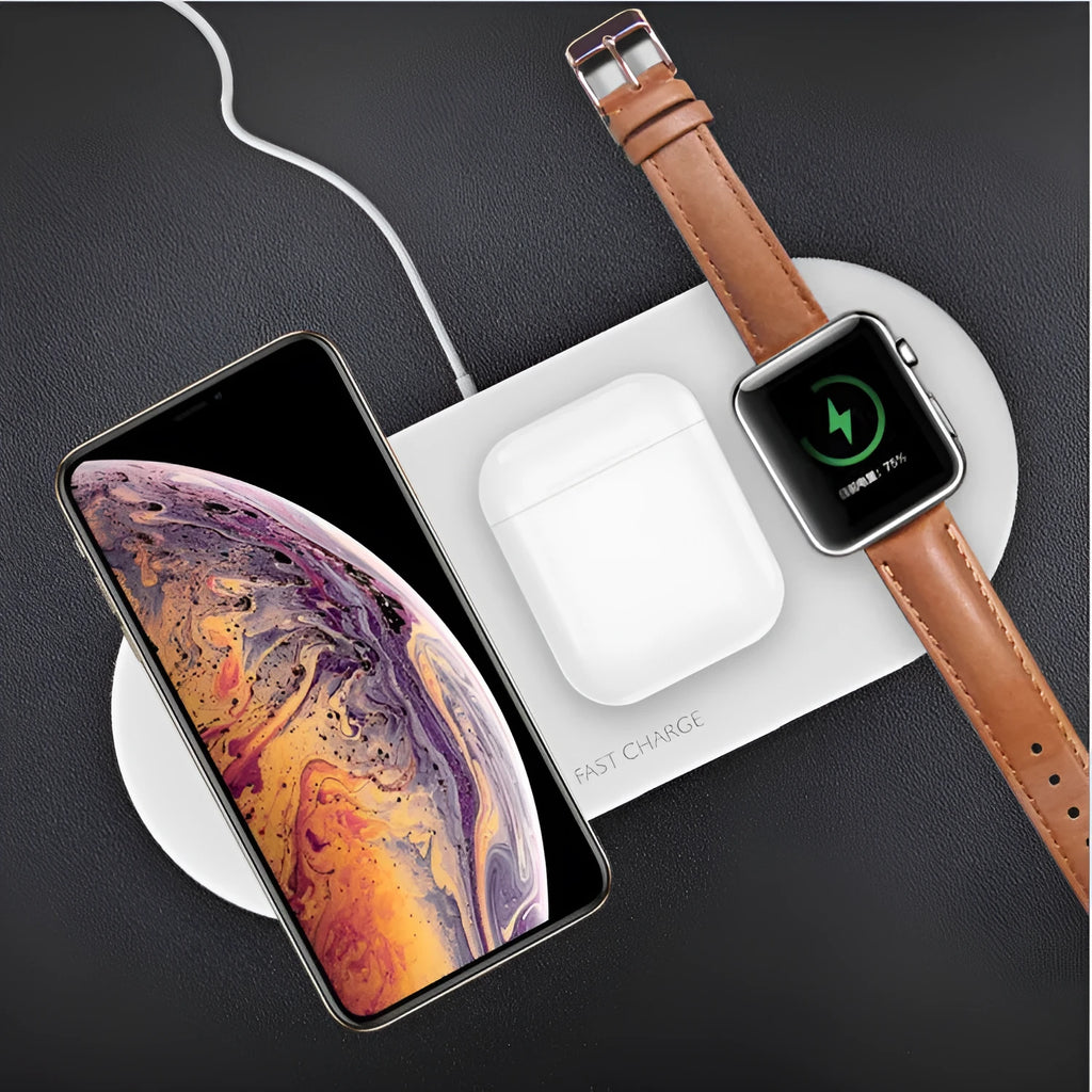 Black three-in-one wireless charging station for iPhone, Apple Watch and headphones on a desk.