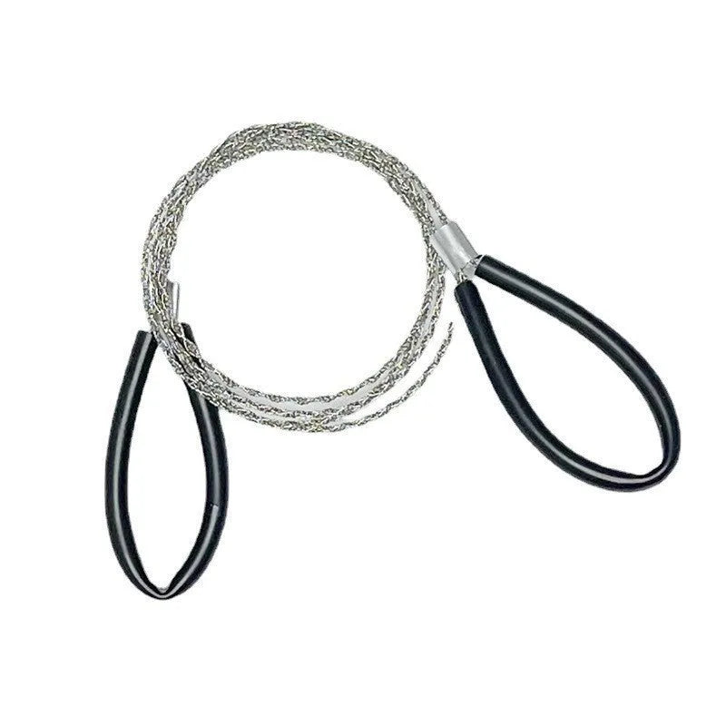 German stainless steel survival wire saw with black leather hand case, showing the four-strand cutting wire.