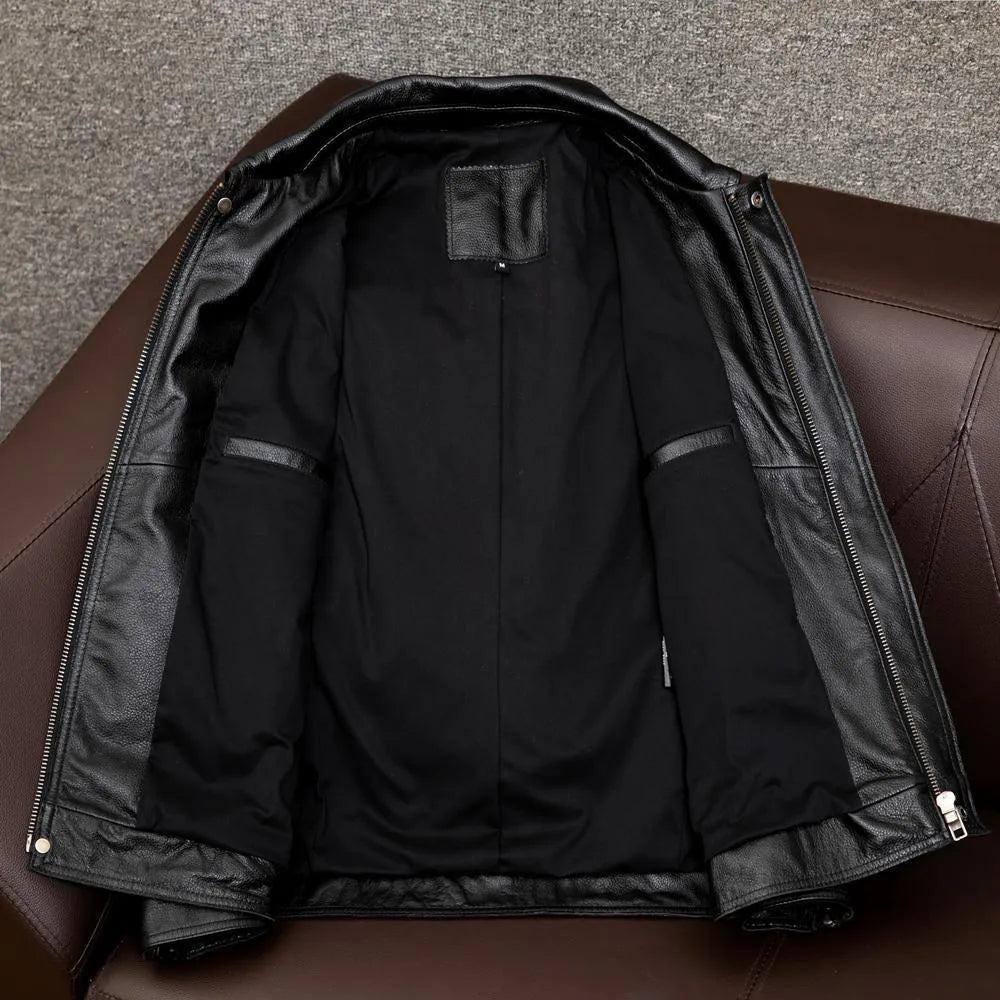 Men's black lapel short leather jacket with side pockets in loose fit design