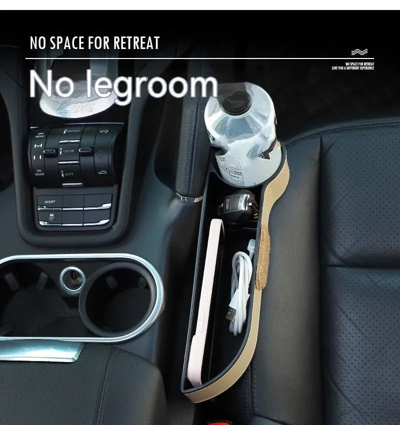 Car seat gap storage organiser with cartoon bear design hanging between vehicle seats