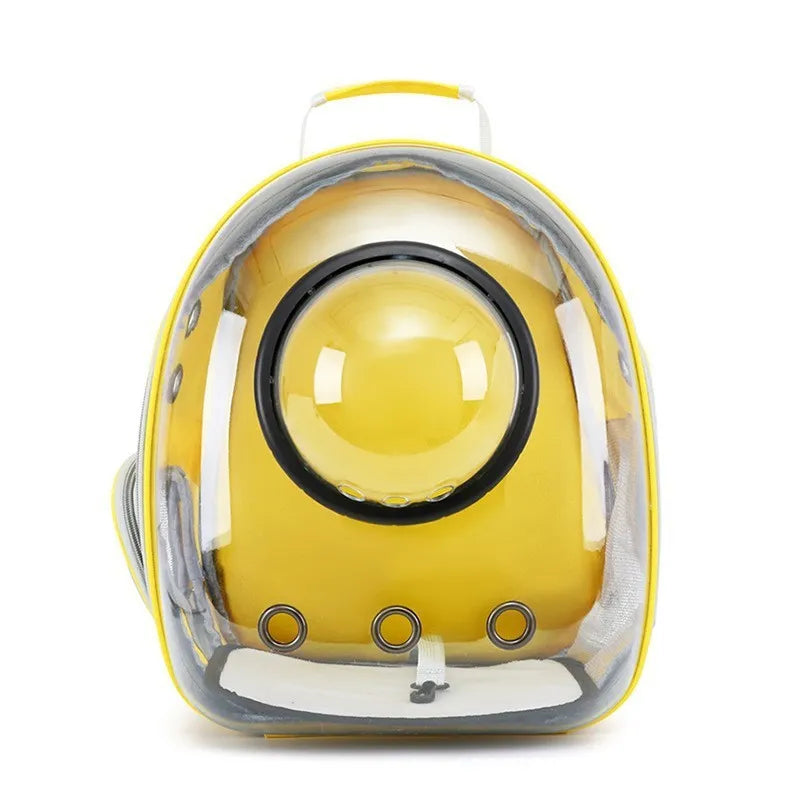 Grey astronaut-style structured cat carrier bag with a side-opening door