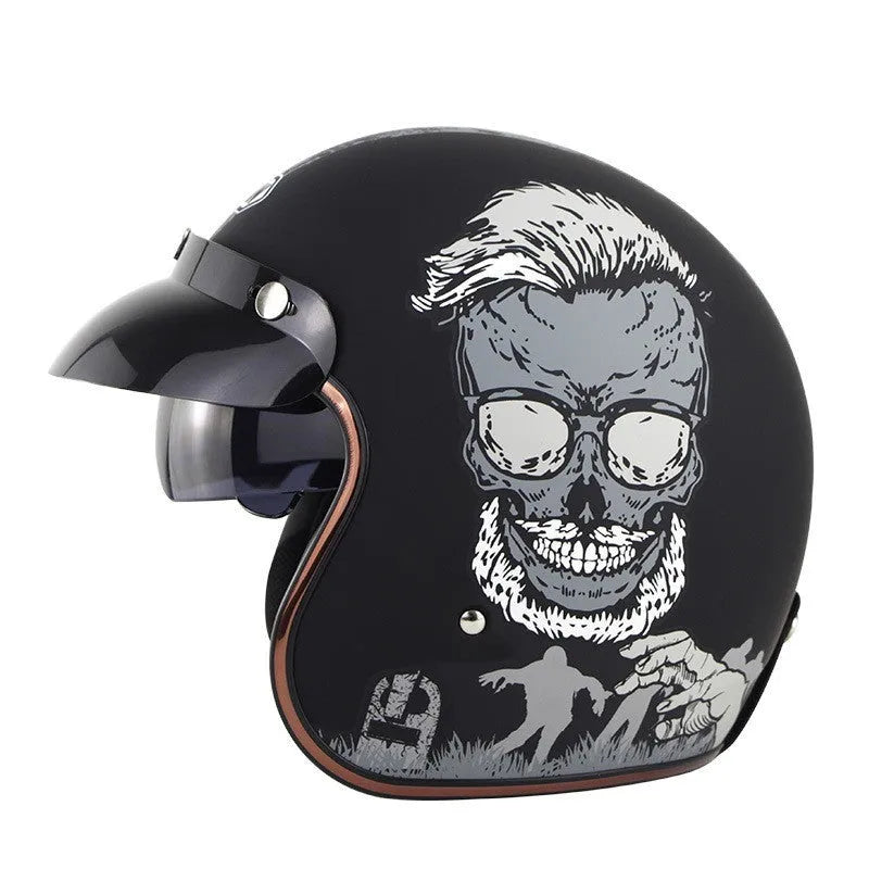 Retro electric bike half helmet in ABS plastic showing colour options including black, grey, orange and yellow designs